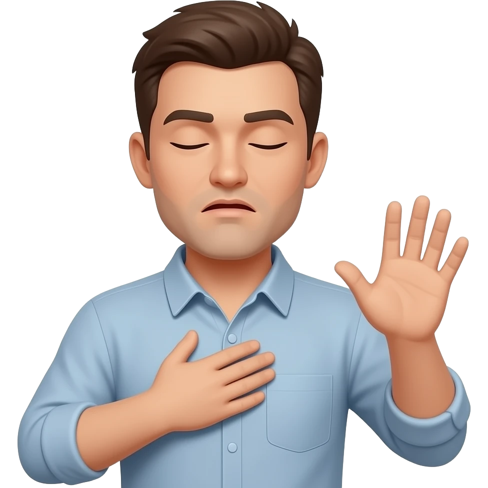 person man saying not, eyes closed, one hand on chest, other hand stretched in front, mouth as if he was saying not emoji