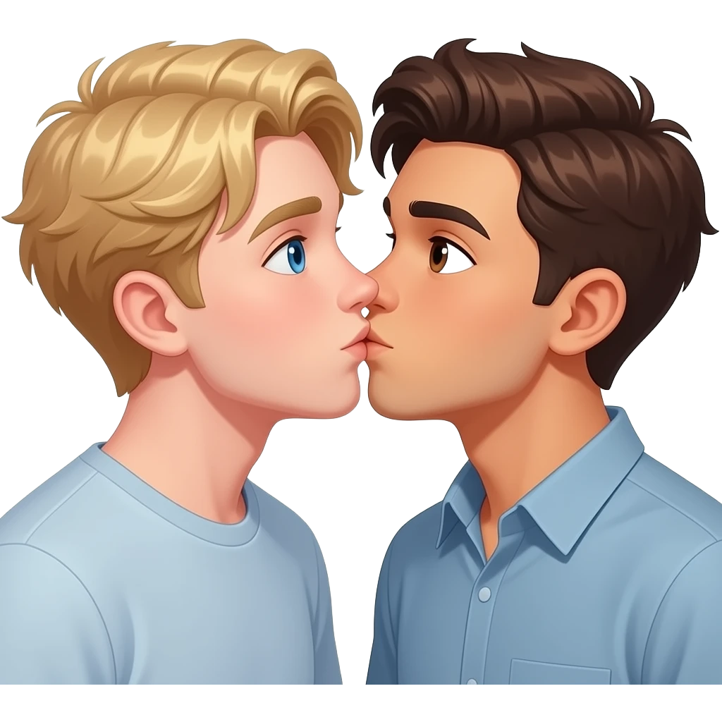 Make a young gay male teen couple kissing on a Date , one has light Skin with Blond Hair and Blue Eyes, the other one has slightly brown skin witz dark Brown Hair and Brown Eyes. emoji