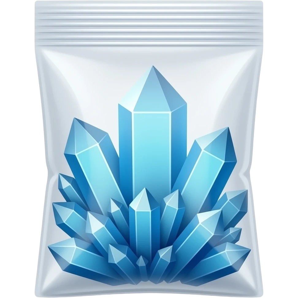 a plastic ziplock bag with blue long shiny crystals emoji