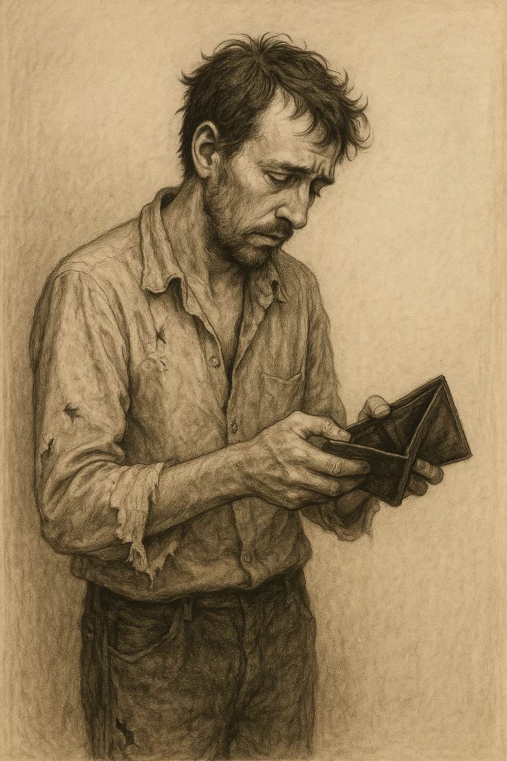 a broke man, with torn clothes, looking at an empty wallet, simple background emoji