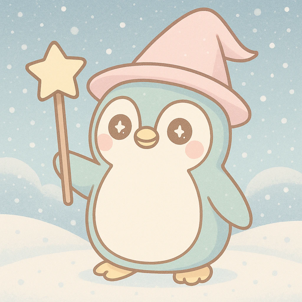 Add a snowy background behind the penguin wizard, keeping the cute and whimsical style. emoji