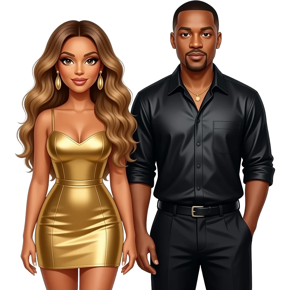 Beyonce with hazel eyes, long golden brown hair, gold short dress, gold earrings, Jay-Z with dark brown eyes, black hair, black metallic shirt and baggy pants, necklace emoji