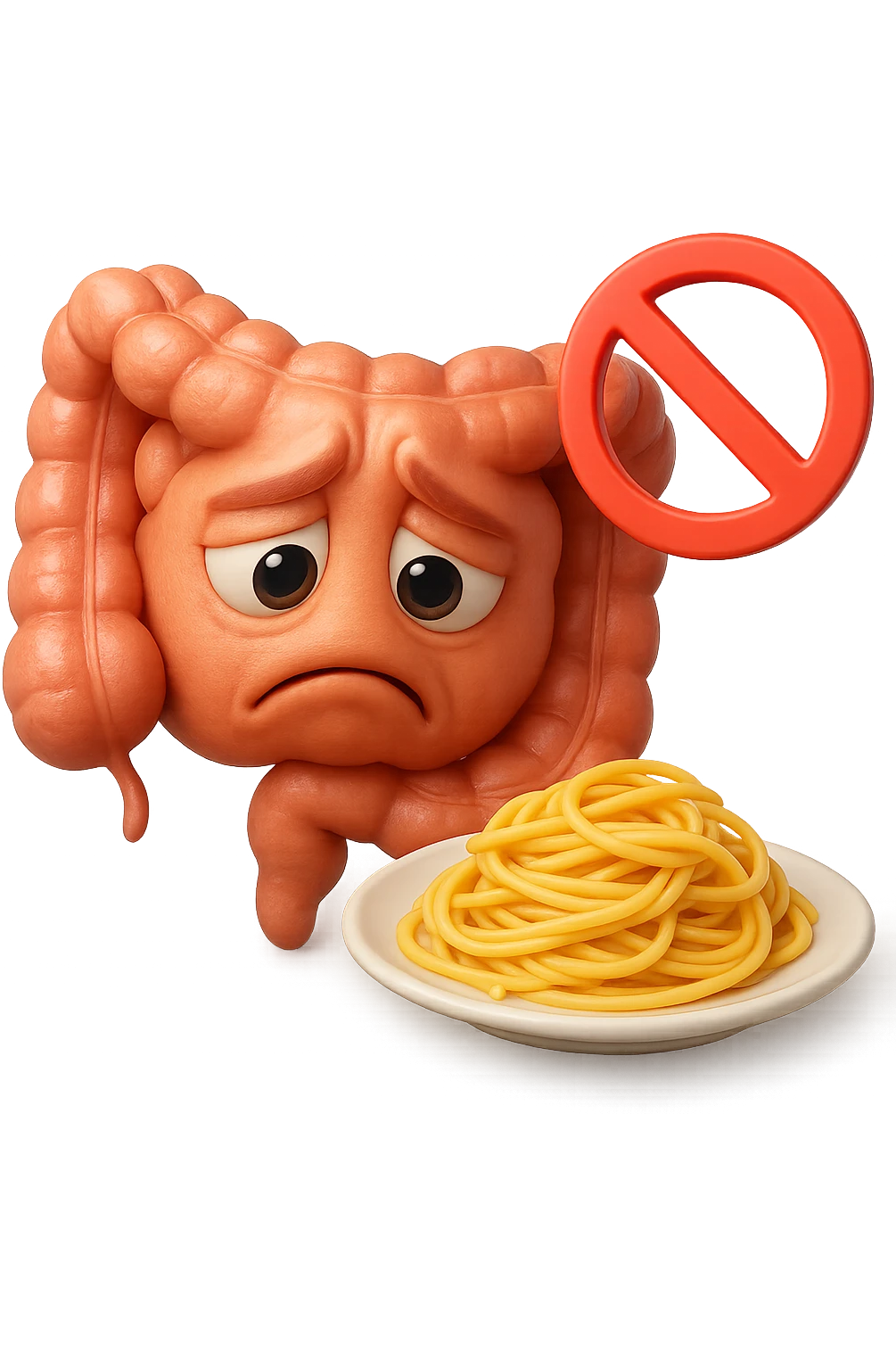 EMOJI STILE IPHONE DI un intestino umano anatomico triste mentre guarda un piatto di pasta con divieto 3d sopra: non la può mangiare, fagli anche la parte bianca degli occhi, non solo le pupille, REALISTICo 4K emoji