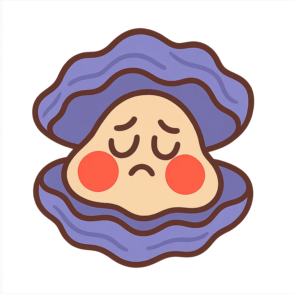 cute oyster with a shy expression, very red cheeks, looking down emoji