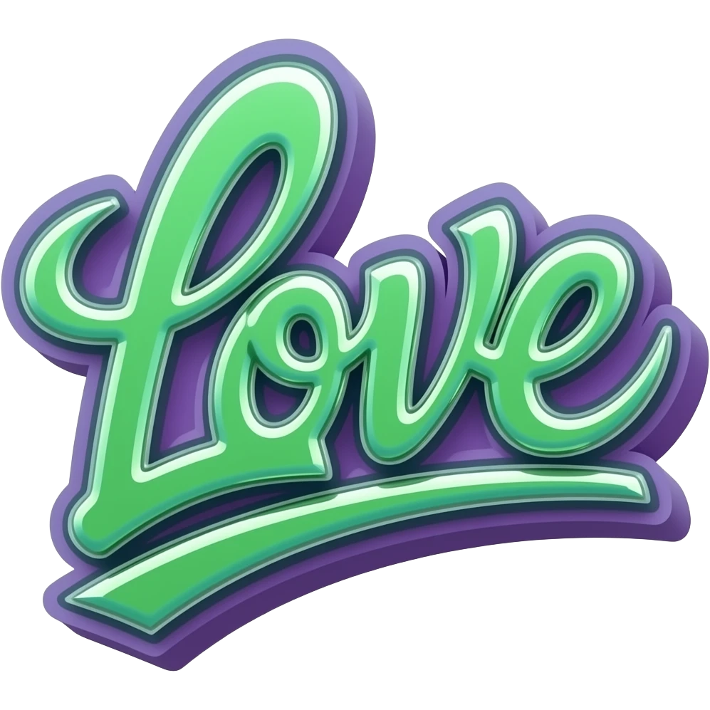 Graffity green  and purple  metálico y 3D al estilo Cyber neon write "Love" png background with hrome effect and gyperrealistic emoji