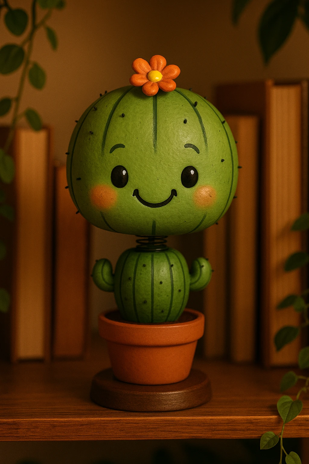 a cactus bobblehead, small flower on top, cheerful face, cartoonish style emoji