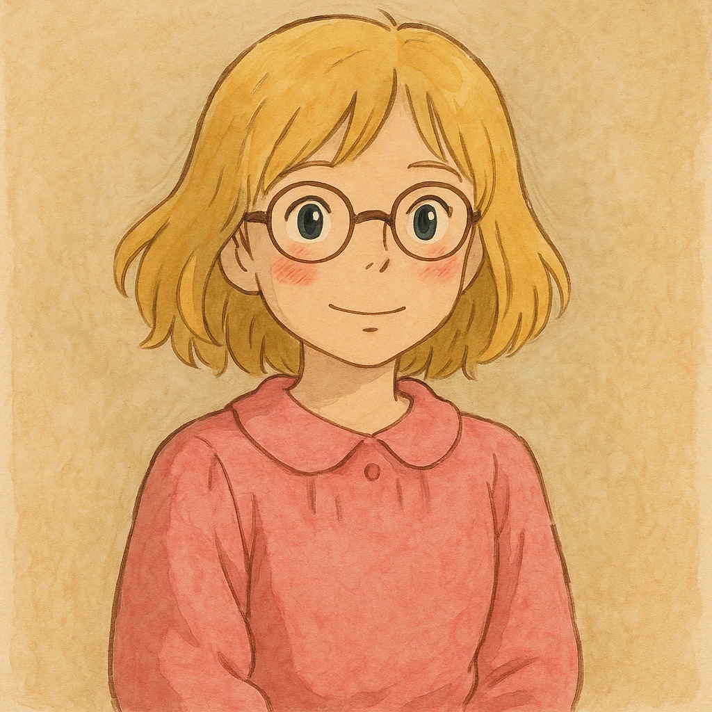 blonde girl, shoulder-length hair, wearing glasses, rosy cheeks, pink clothes, ghibli style, delicate and expressive emoji