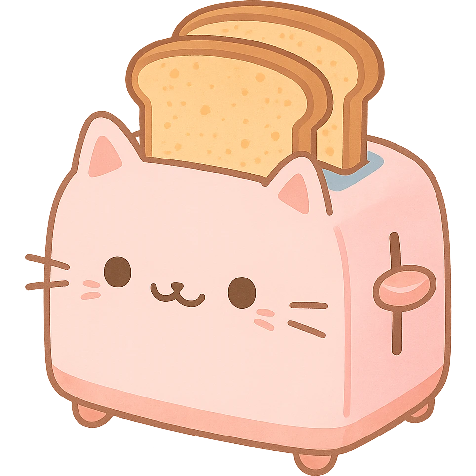 cute pastel toaster shaped like a cat, with two toast slices popping out, smiling, full-body emoji