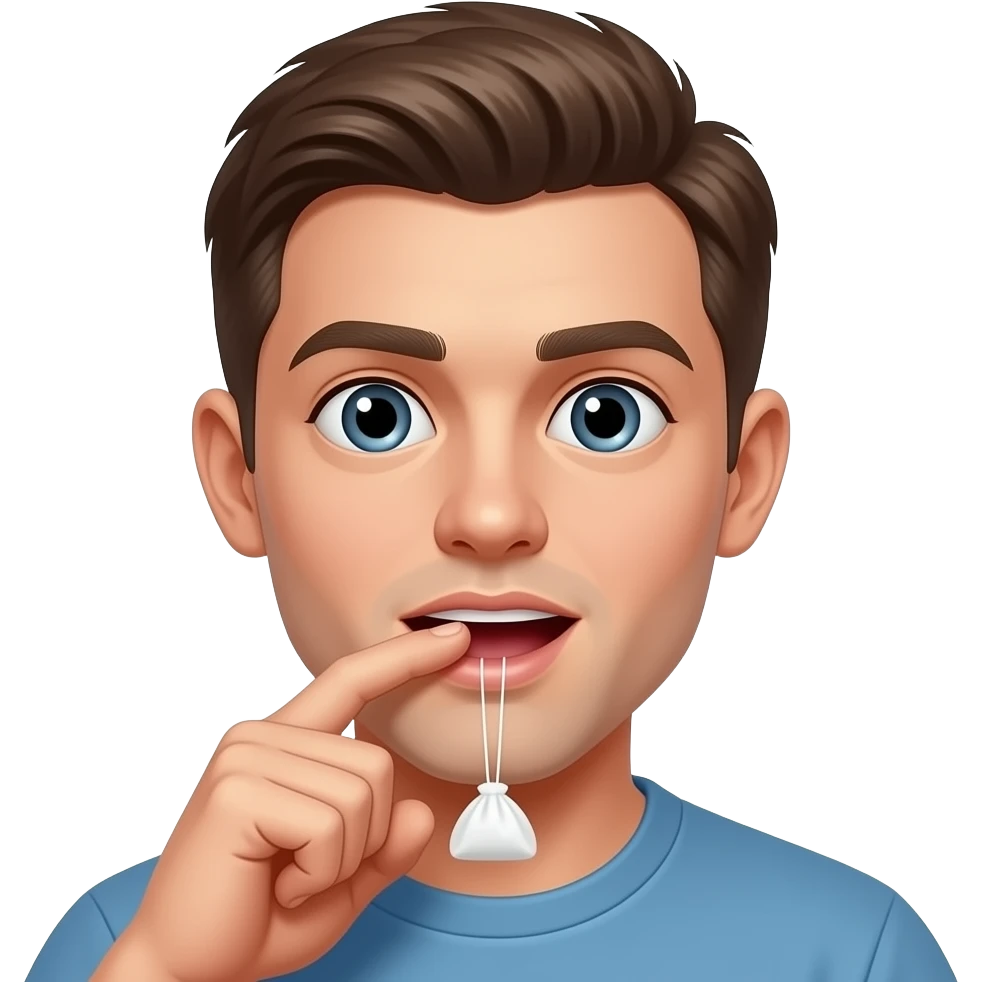 young man pulling up upper lip with index finger while placing white snus pouch under upper lip with thumb and middle finger of other     hand, mouth open, close-up face, 3D apple emoji style emoji