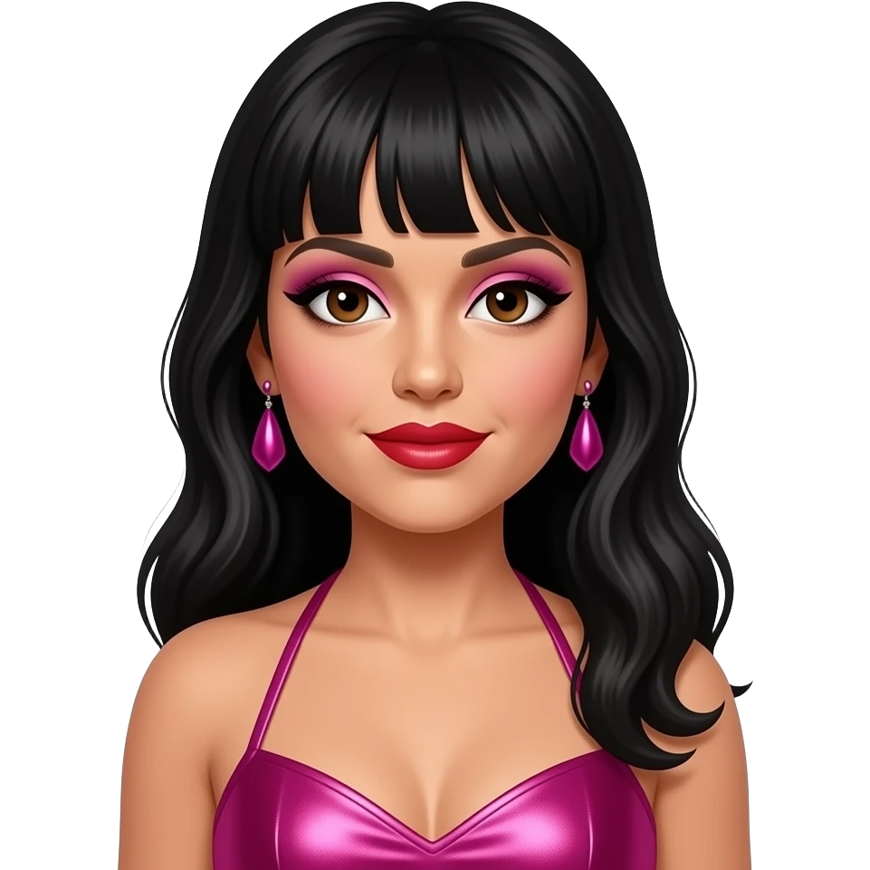 Selena Quintanilla with brown eyes, long black hair with bang, fuchsia eyeshadow, red lipstick, fuchsia metallic halter dress, fuchsia earrings emoji