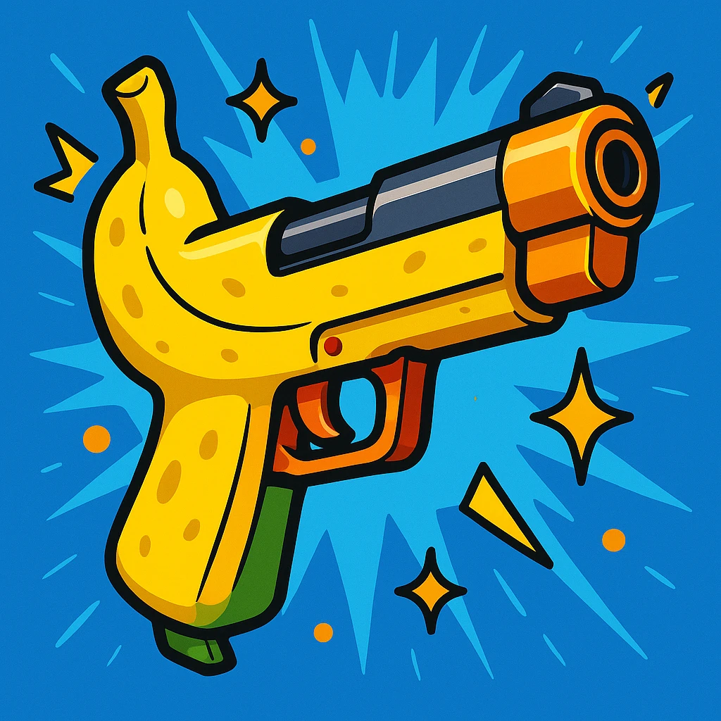 banana pistol in Fortnite style, playful and humorous, chunky design, outlined details, vivid colors, game-inspired effects emoji