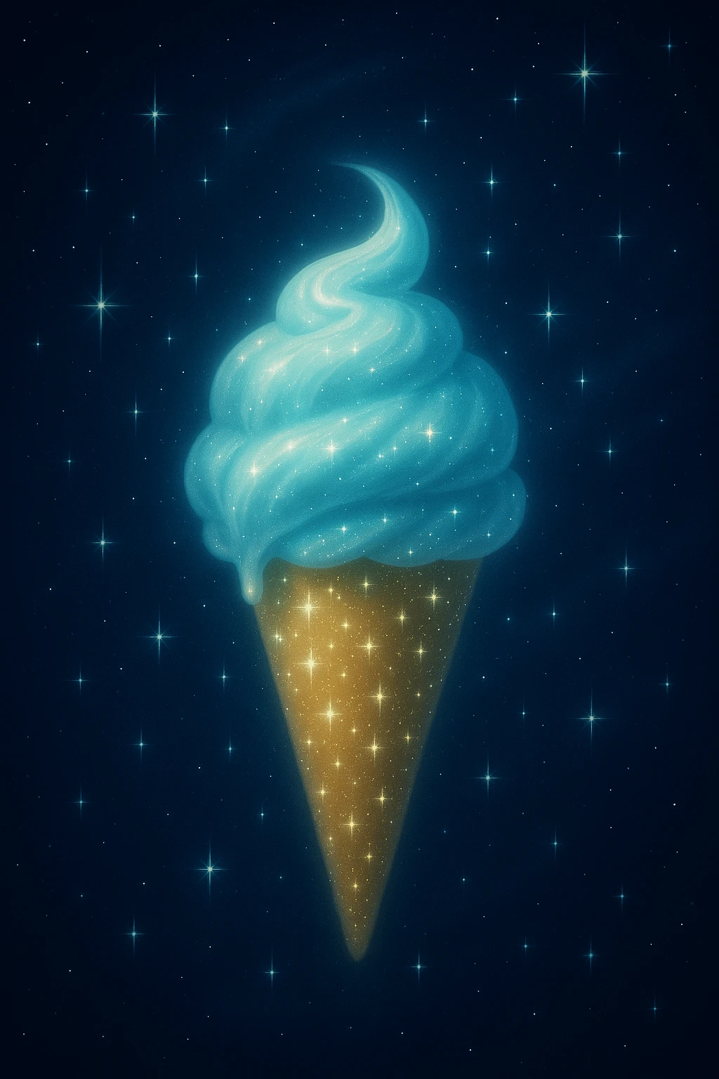Add a cone with stars to the moonbeam ice cream, keep magical, floating, night sky background, gentle light. Style the image to reflect a magical and ethereal night sky scene with soft glowing light. emoji