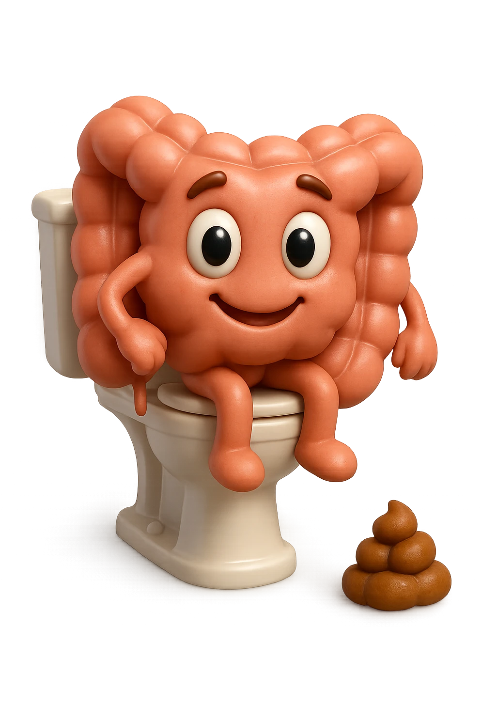 EMOJI STILE IPHONE 3D DI UN INTESTINO CHE sta seduto sul wc e davanti ha una montagnetta di feci a palline stile emoji iphone E FALLO MOLTO REALISTICO IN 3D emoji