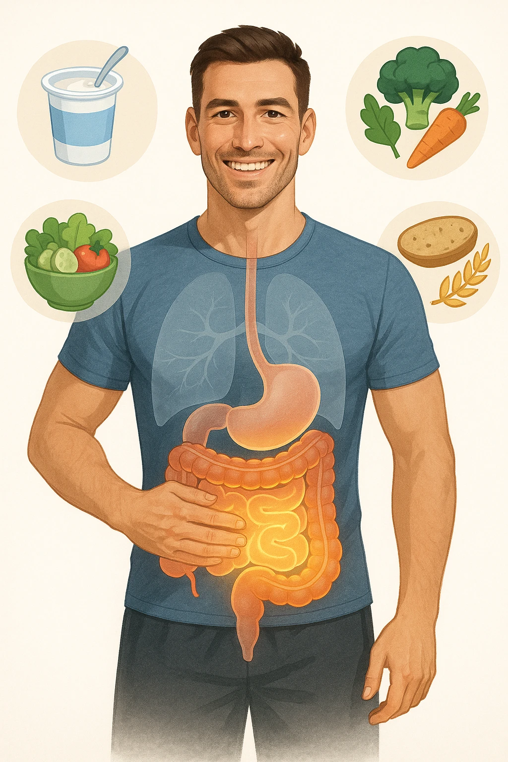a fit, smiling man stands confidently with one hand on his abdomen. A transparent overlay reveals a healthy, detailed digestive tract with a glowing, vibrant intestine. Around him, icons of healthy foods like yogurt, vegetables, and whole grains float, symbolizing good gut health. The background is clean and bright, with an educational mood. emoji