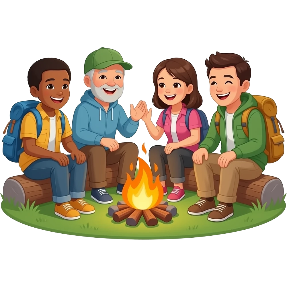 age and race diverse adults sitting around a campfire laughing wearing camping clothing no visible backpacks emoji