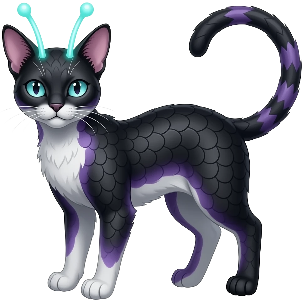 Abyssinian bioluminescent dull, scaly furry oil-blackish oily greyish, purplish, whitish abyss-fantasy-Zorua-Sprigatito-Absol-feline-Fakémon-fusion, with thin neon-glowing bulb-antennae-whiskers, full body emoji