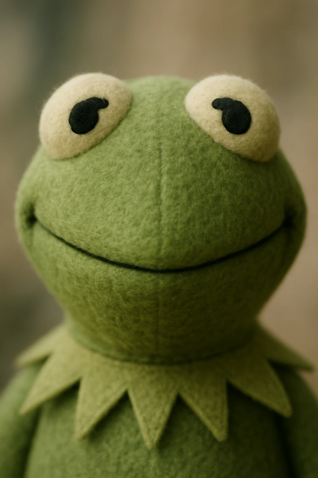 Kermit the Frog plushie head, cheerful emoji-like expression, fuzzy and adorable emoji