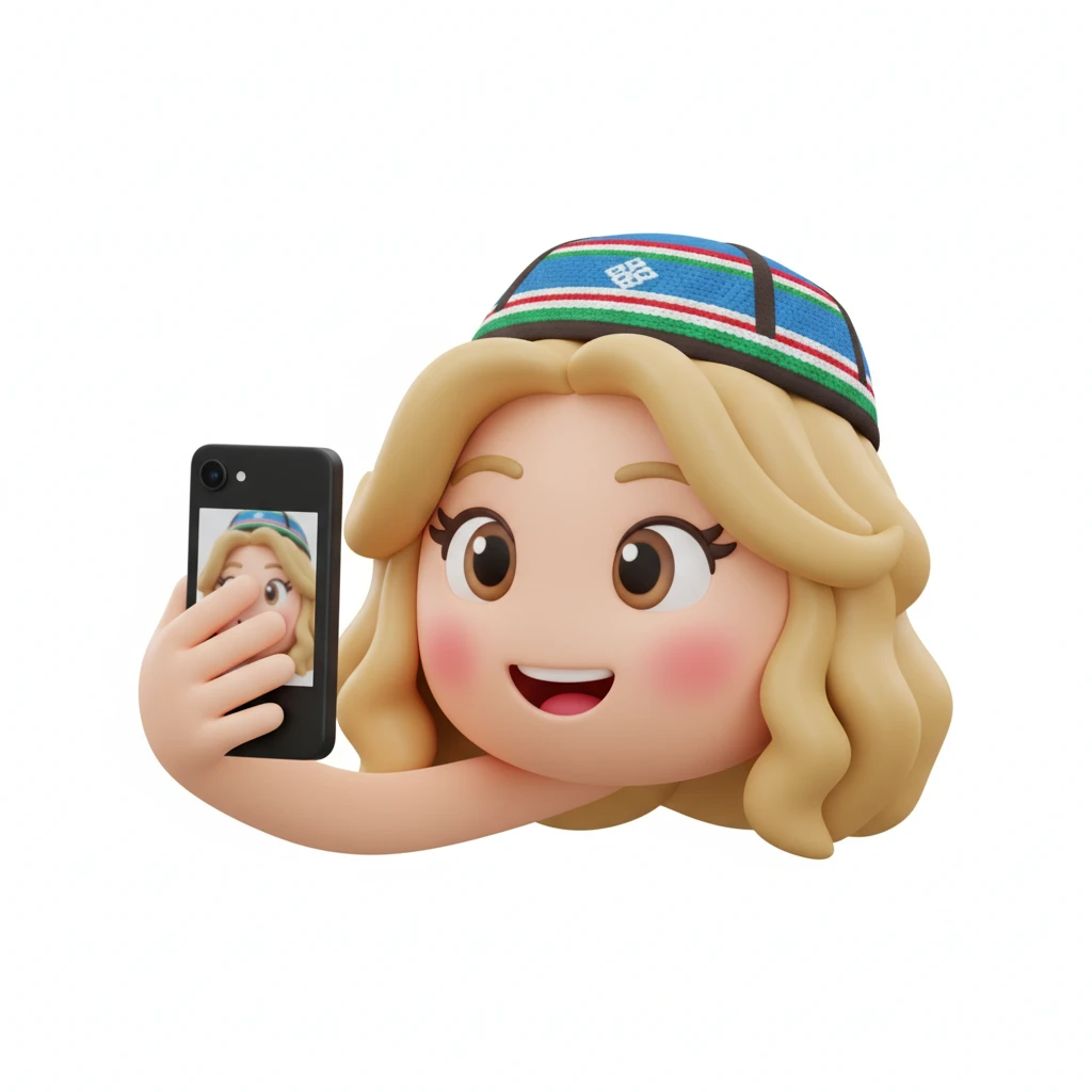 нарисуй эмоджи человека блондина  фотографирующего себя на телефон, эмоджи сделай более реалистичной, на голове должна быть узбекская тюбетейка в цветах узбекского флага, обрати внимание на глаза и количество пальцев у человека, без фона emoji