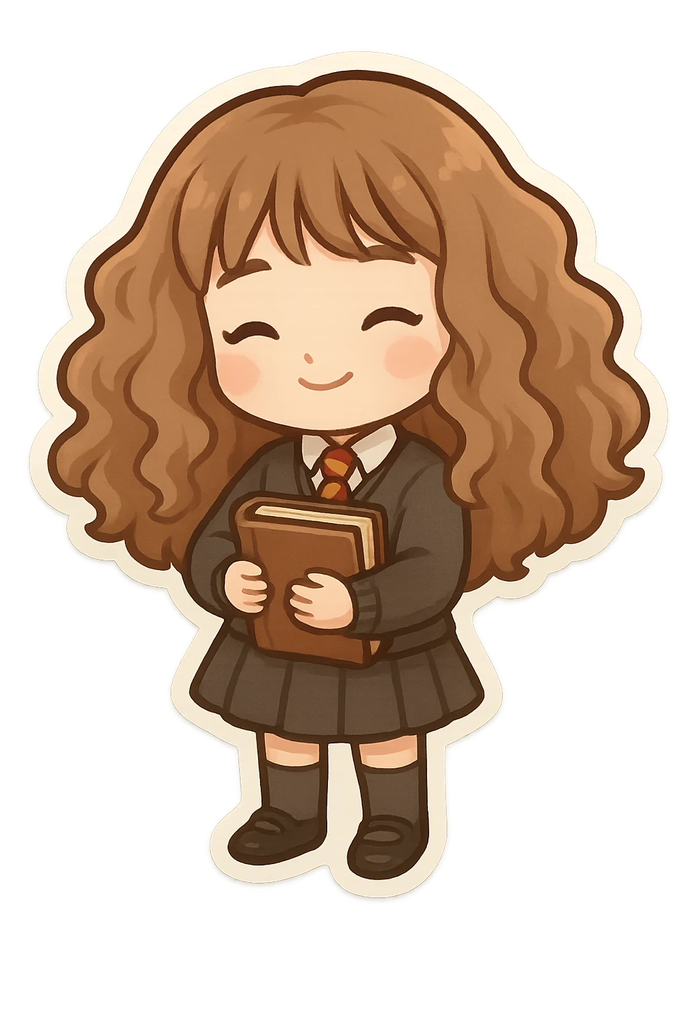 cute chibi character inspired by Hermione Granger with voluminous brown hair, wearing Hogwarts uniform including sweater, tie, skirt, socks, and shoes, holding a book, transparent background emoji