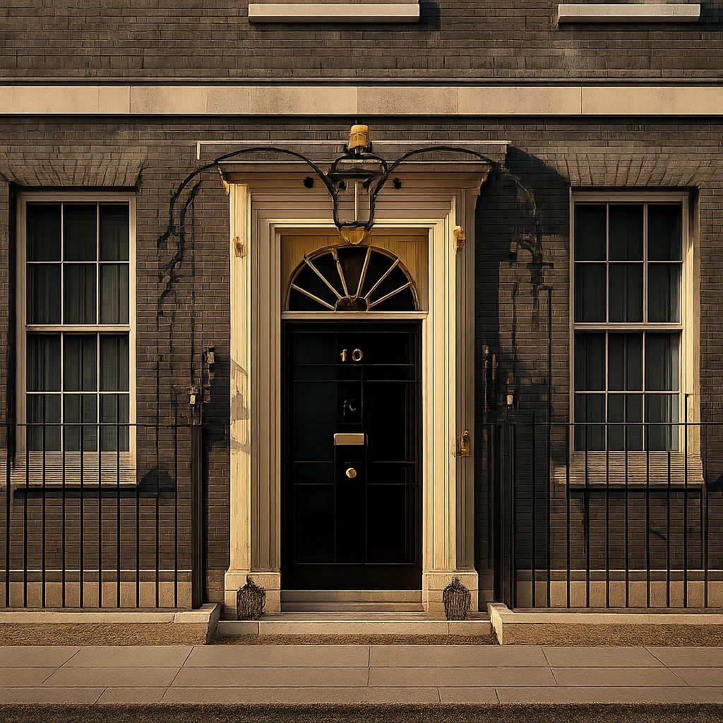 cinematic, realistic emoji of 10 Downing Street in London, featuring its iconic black door and Georgian brick facade, lifelike detail, accurate colors, bright lighting, fully transparent background with no sky, slightly zoomed out for a wider angle view emoji