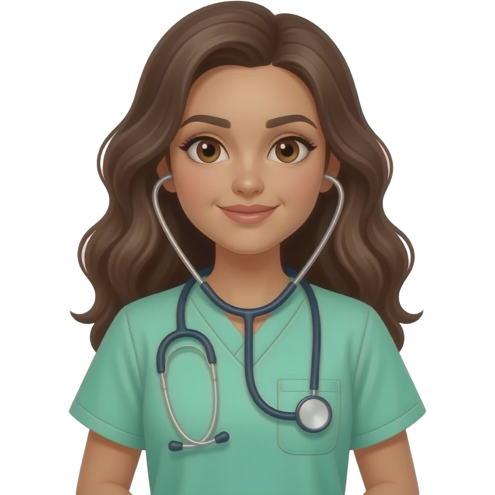 Water colour style image of a full view girl. She has long brown wavy hair, she is tanned with brown eyes and thick eyebrows. The girl is wearing light green scrubs blue and holding a stethoscope emoji