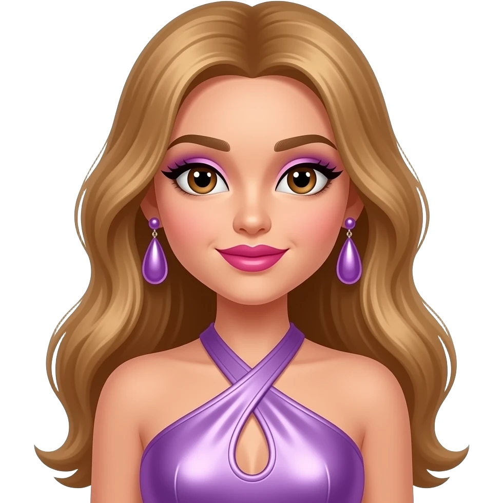 Yasmin from Bratz with brown eyes, long golden brown hair, lilac eyeshadow, hot pink lipstick, lilac metallic halter dress, lilac earrings emoji
