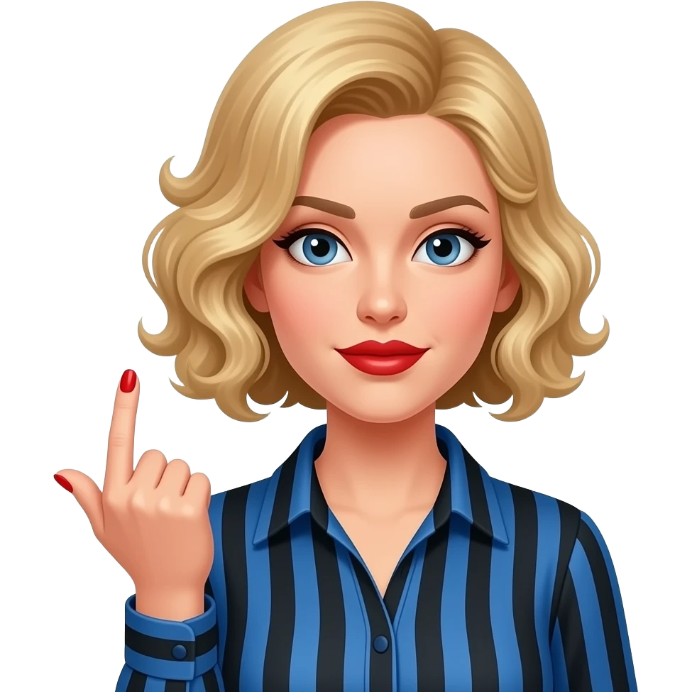 short blonde with spiral curly hair side swept bob flipping you off in a blue and black striped blouse in red lipstick in red medium nails emoji