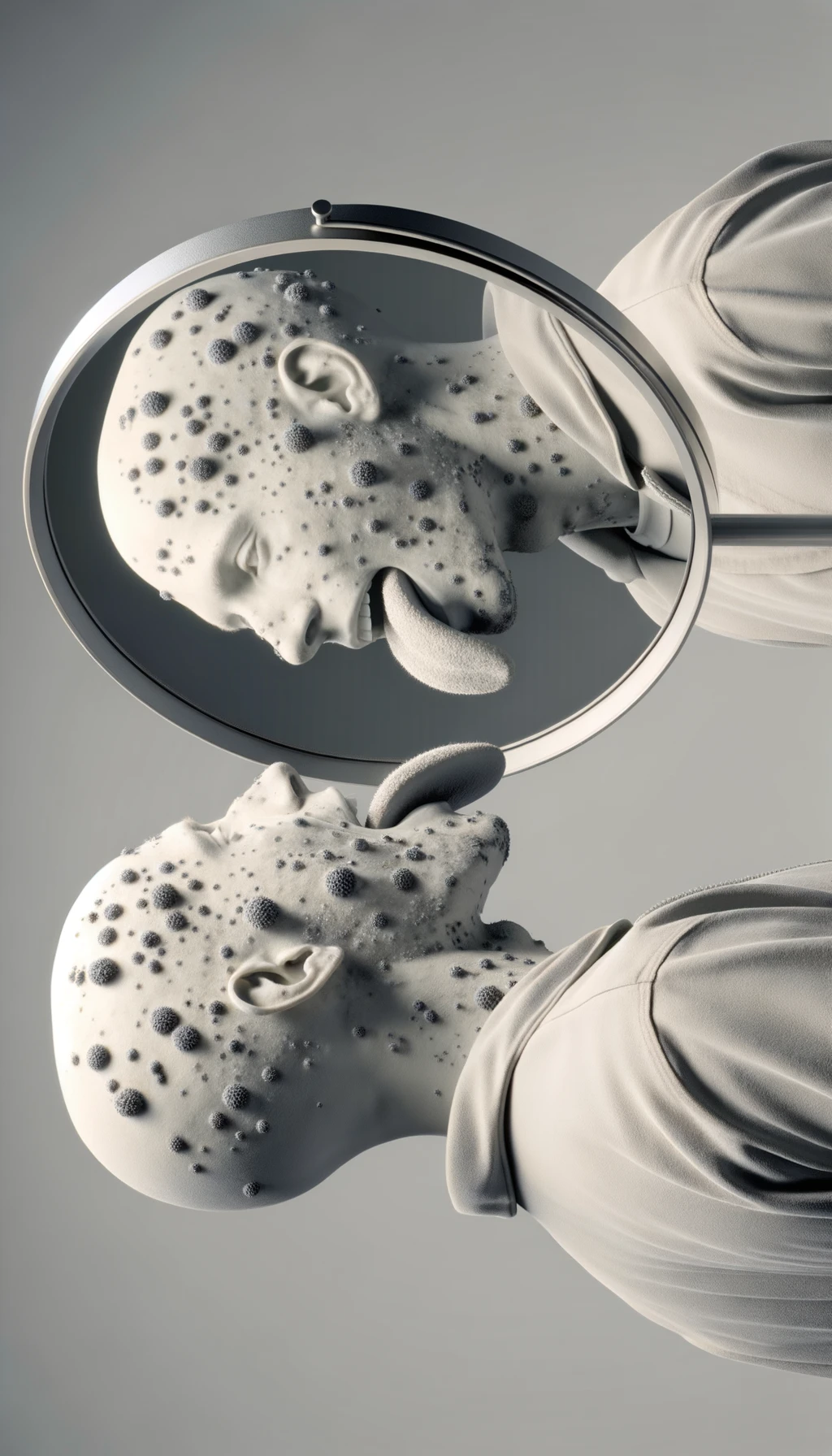 CORPO UMANO ANATOMICO IN PIEDI  A FIGURA INTERA CHE SI GUARDA LA LINGUA ALLO SPECCHIO , TIENE LA LINGUA FUORI E LA LINGUA è PIENA DI MACCHIE BIANCASTRE, NEUTRAL CLEAR BACKGROUND, iperrealistico 4k emoji