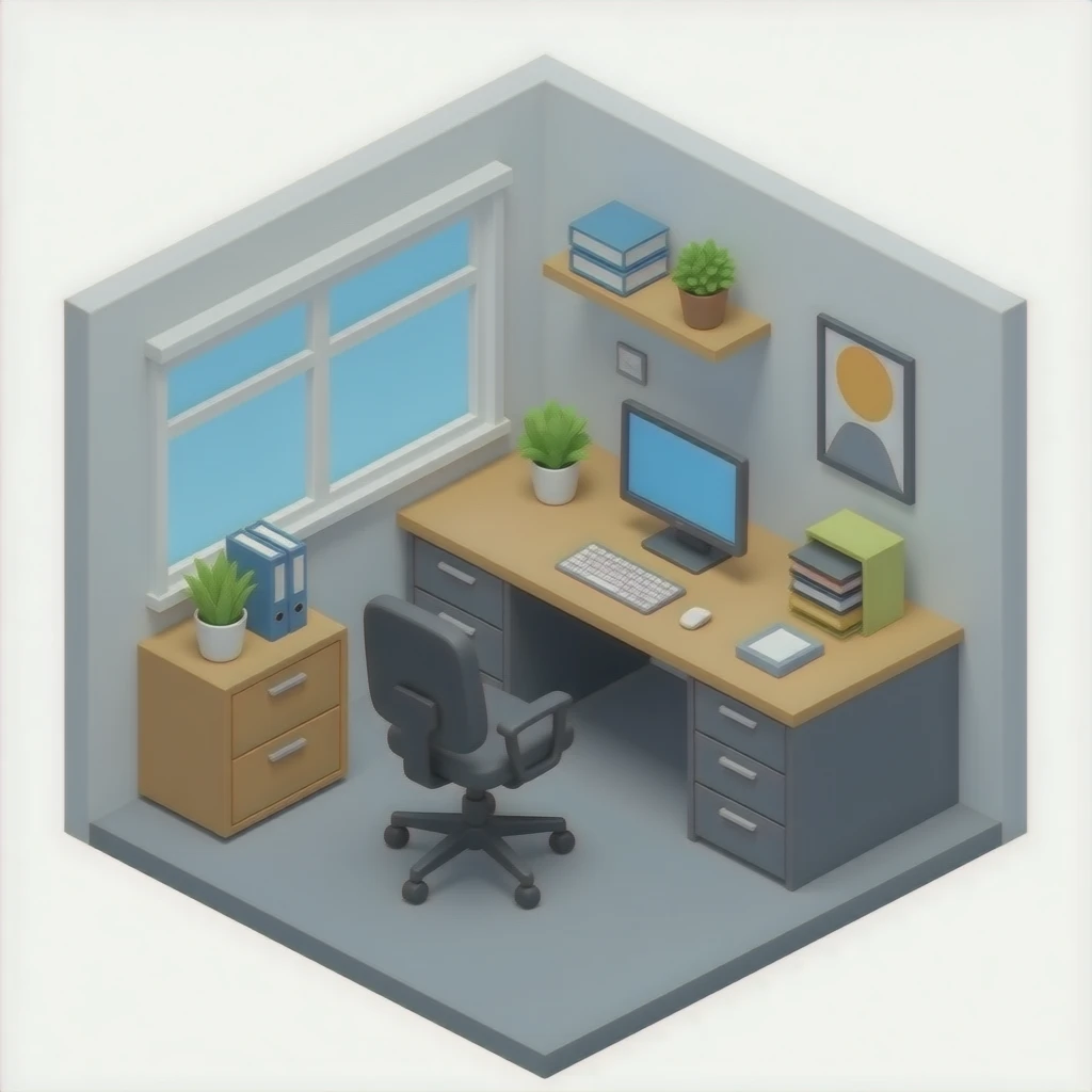 office desk, grays, and at 45 degree overhead angle with office chair emoji