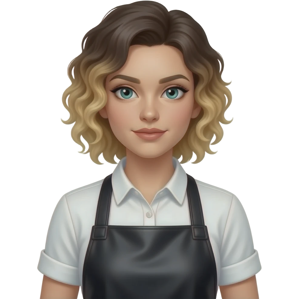 a chef with an apron and dark blonde curly hair with a fade on the sides - androgenous (female nonbinary). short sleeve white button up with rolled sleaves and a leather apron. blue/green eyes emoji