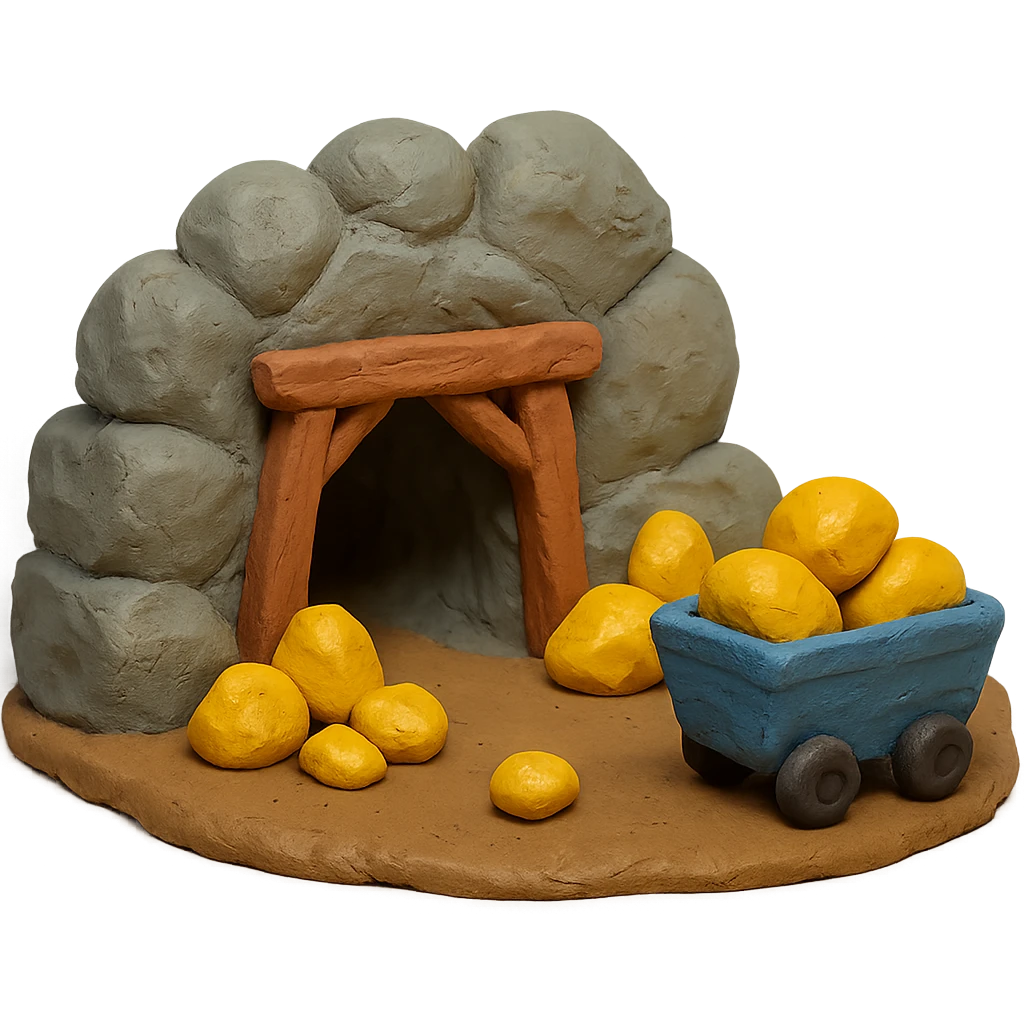 claymation style gold mine with textured rocks and gold emoji