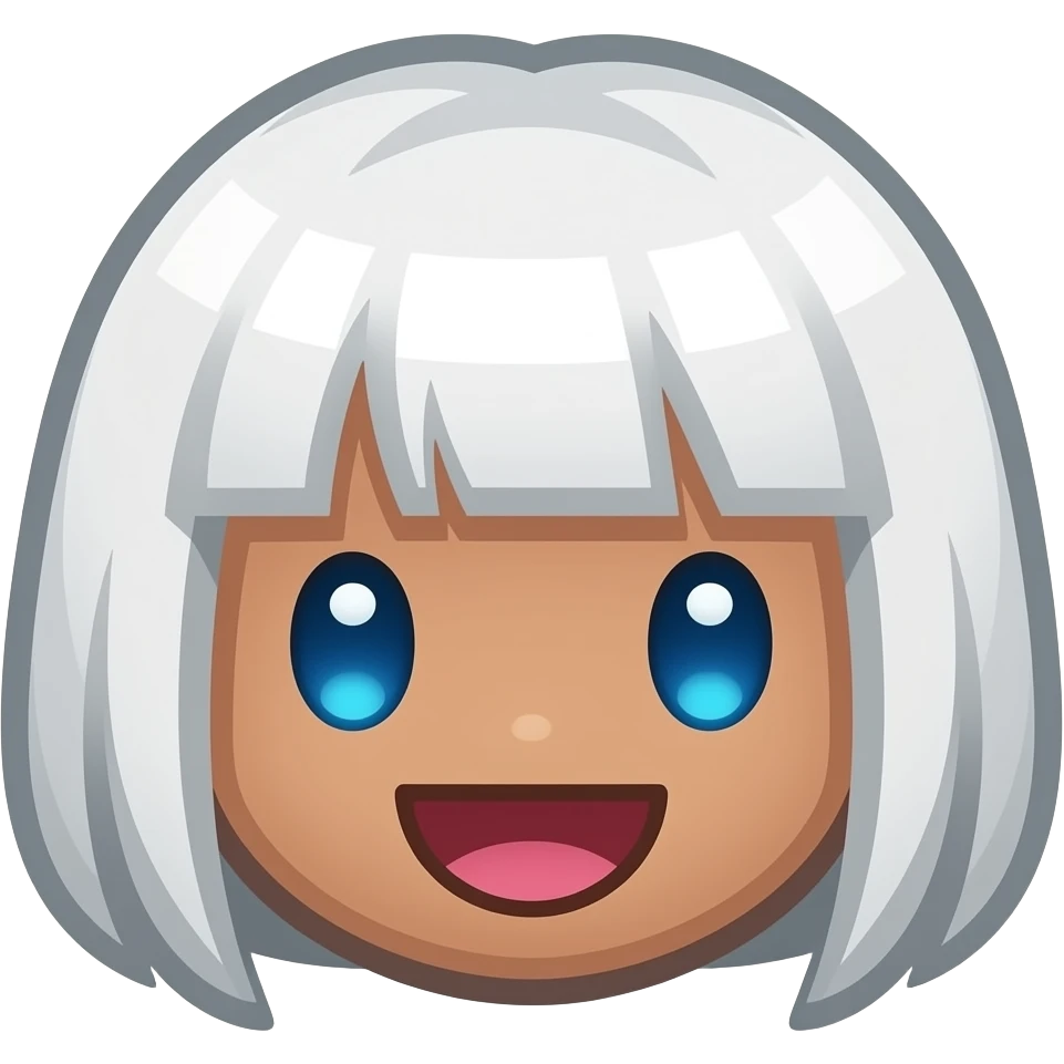 8-bit Chibi square pixelated head icon of a girl laughing white white short hair blue eyes pixel eyes and brown skin emoji