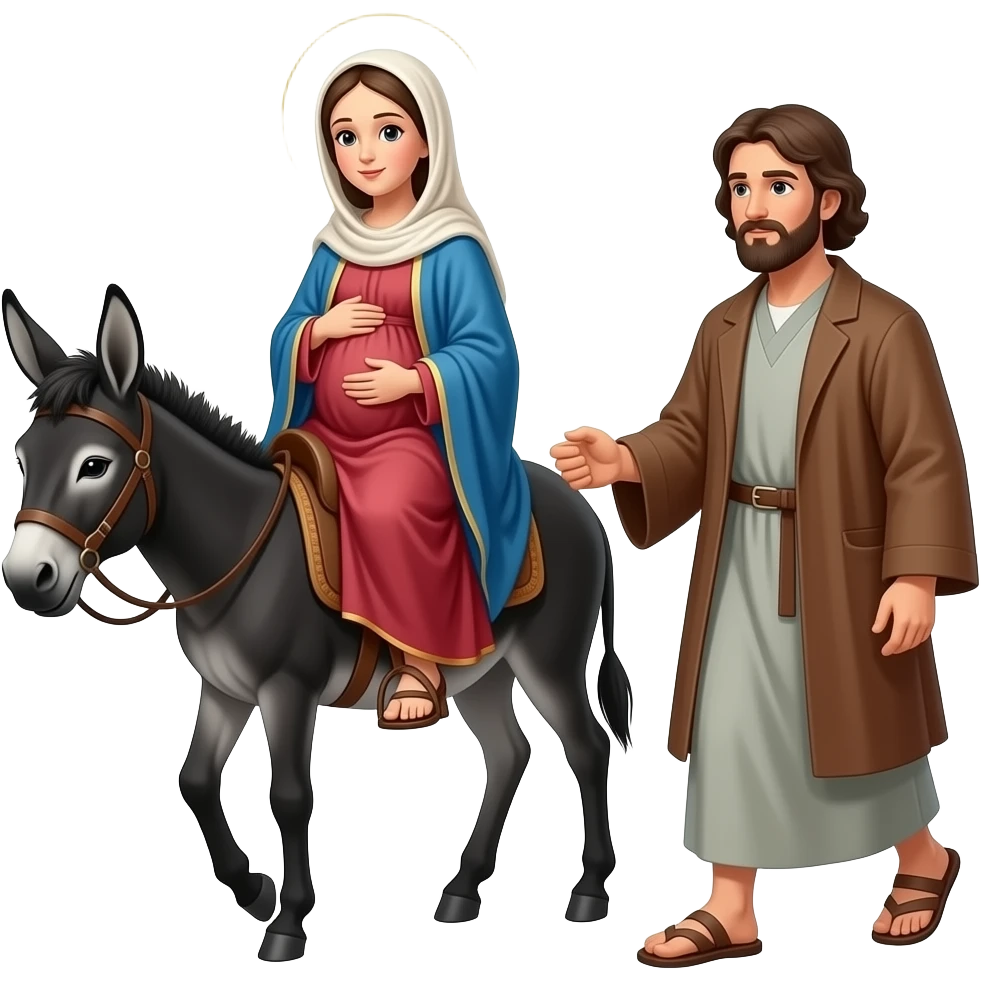 Virgin mary pregnant riding a donkey with her husband Joseph walking emoji