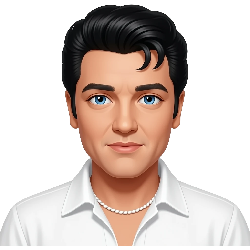 Elvis Presley with blue eyes, black hair, white jumpsuit, white necklace emoji