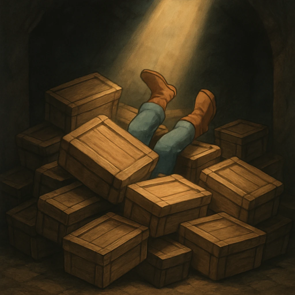 A pile of small oblong crates hidden in a dark area with a beam of light shining from above, with someone’s boots sticking out like they dove in emoji