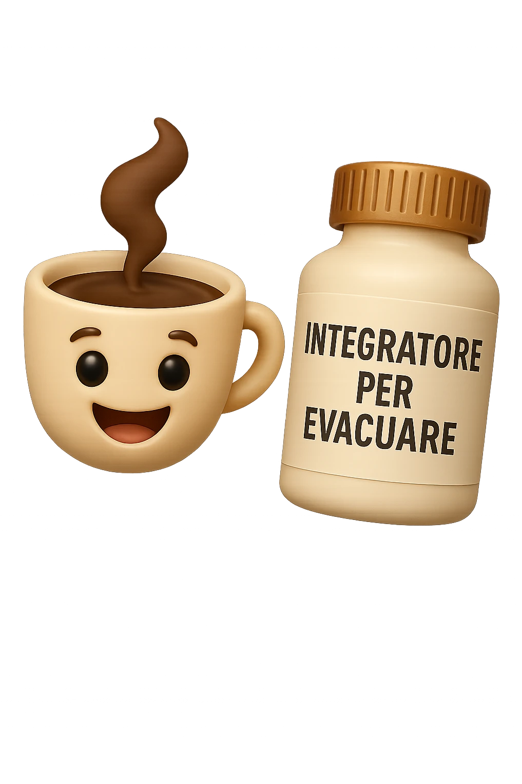 EMOJI STILE IPHONE 3D DI un caffè e di una boccetta di integratore con la scritta "INTEGRATORE PER EVACUARE" SULL'ETICHETTA CHE FLUTTUANO IN ARIA, iperrealistico 4k emoji