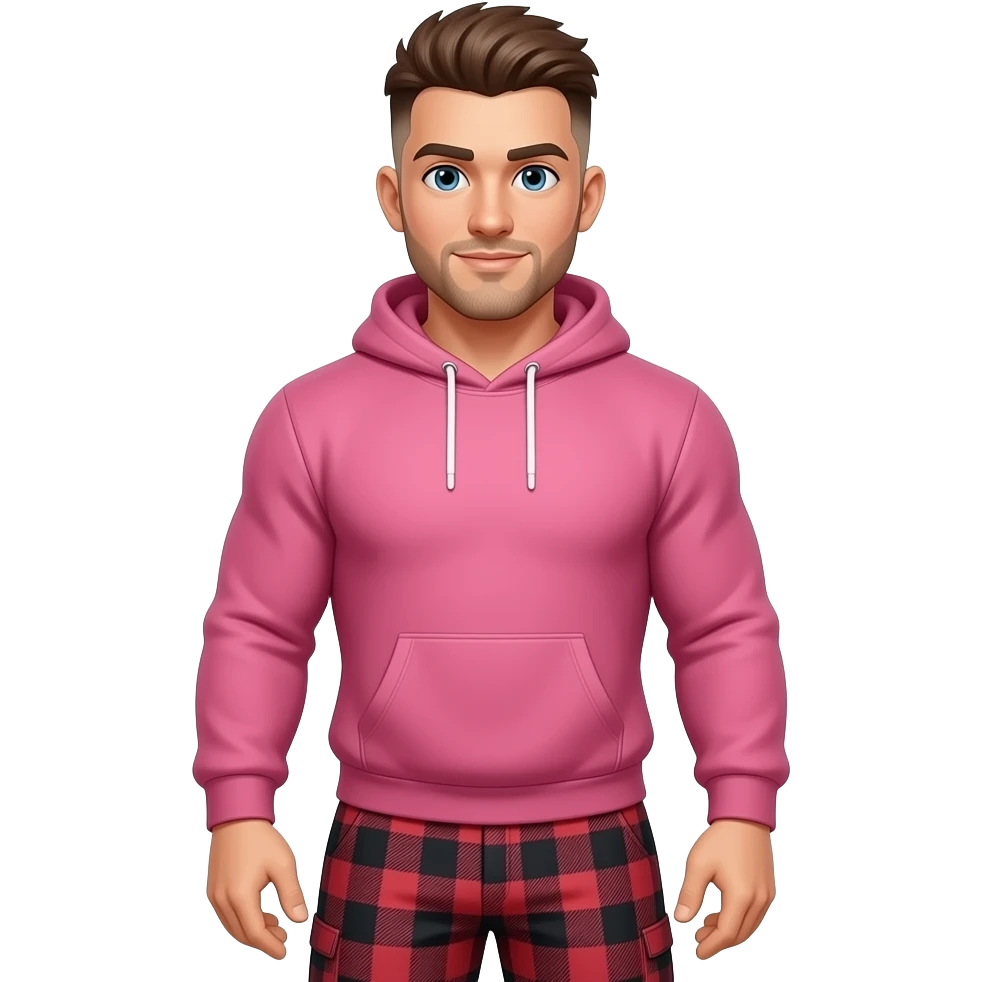 A muscular man who has a brown fluffy low taper fade, wearing a pink sweatshirt and is muscular and their skin color is brown and the pants are plaid red and black pants no beard emoji