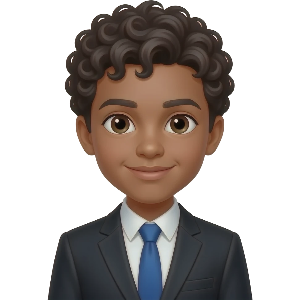 A black haired boy with curly hair, black blazer, blue tie and white shirt emoji