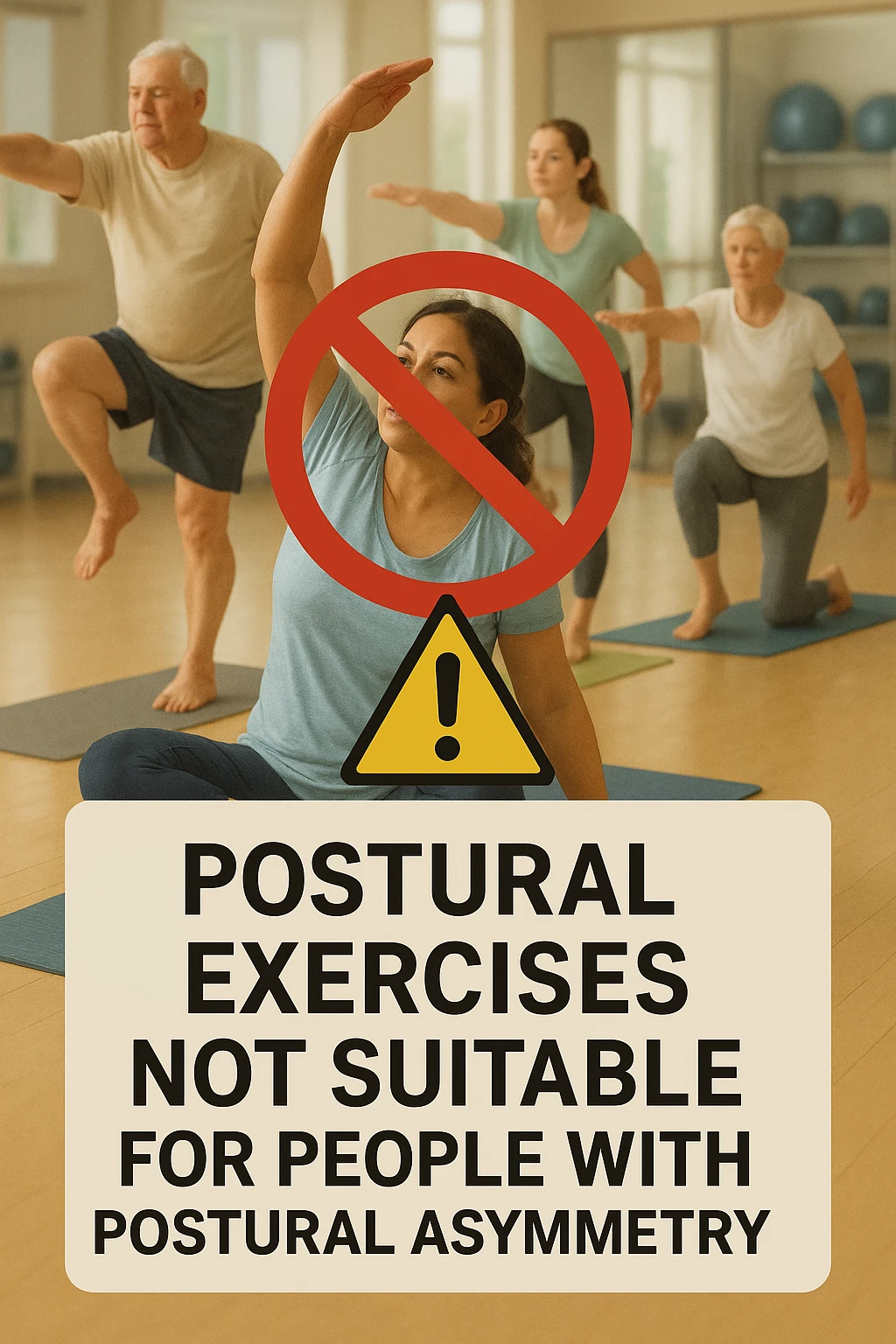 cinematic vertical medical illustration of a group postural exercise class in a bright studio, several adults of different ages and body types performing classic postural exercises like stretching and balance poses on yoga mats, large red prohibition symbol and warning sign in foreground indicating general postural exercises not suitable for people with postural asymmetry, softly blurred background with mirrors and exercise equipment, natural soft lighting, clear educational mood emoji