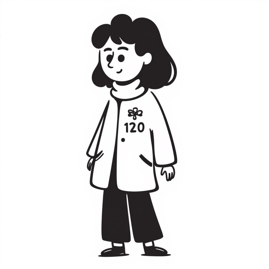 A girl with sideways hair, wearing a Squid Game-style coat with the number 120 on the right side of the coat, hand drawn doodle style emoji