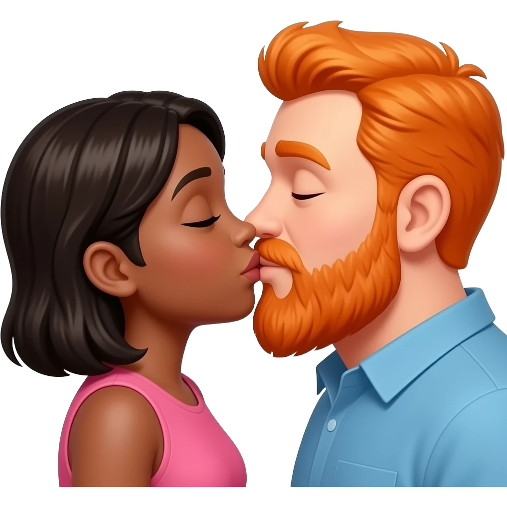 Black girl and orange  chubby head guy with beard kissing emoji