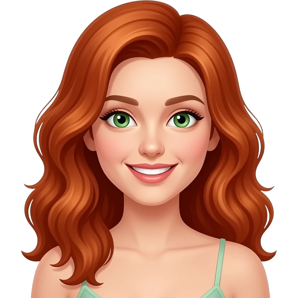 jeune femme rousse, yeux verts, cheveux ondulés, grand sourire charmeur, maquillage, botox, camisole emoji
