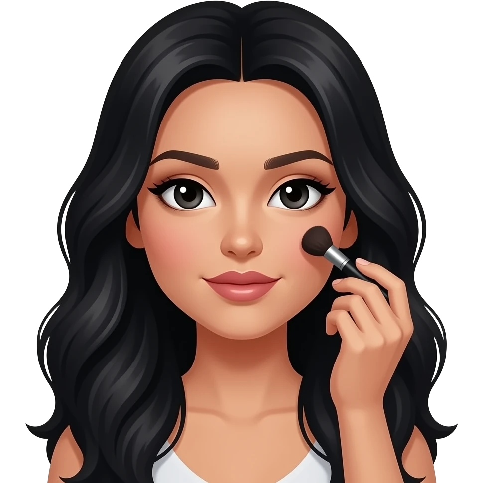 Mujer de cabello negro largo ondulado y de color blanca y ojos negros maquillandose emoji