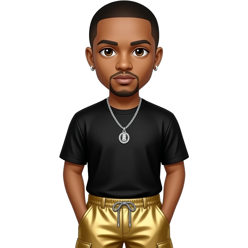 Drake with dark brown eyes, black buzz cut hair, black metallic hip-hop t-shirt, gold metallic hip-hop baggy pants, necklace and earrings emoji