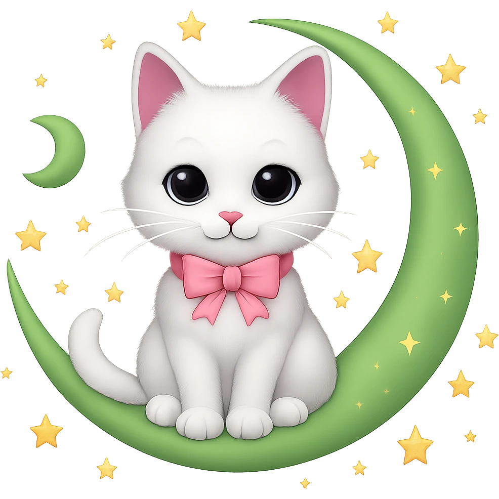 Add small yellow stars around the green crescent moon, keep the white cat with pink bow, in emoji style with no background. emoji