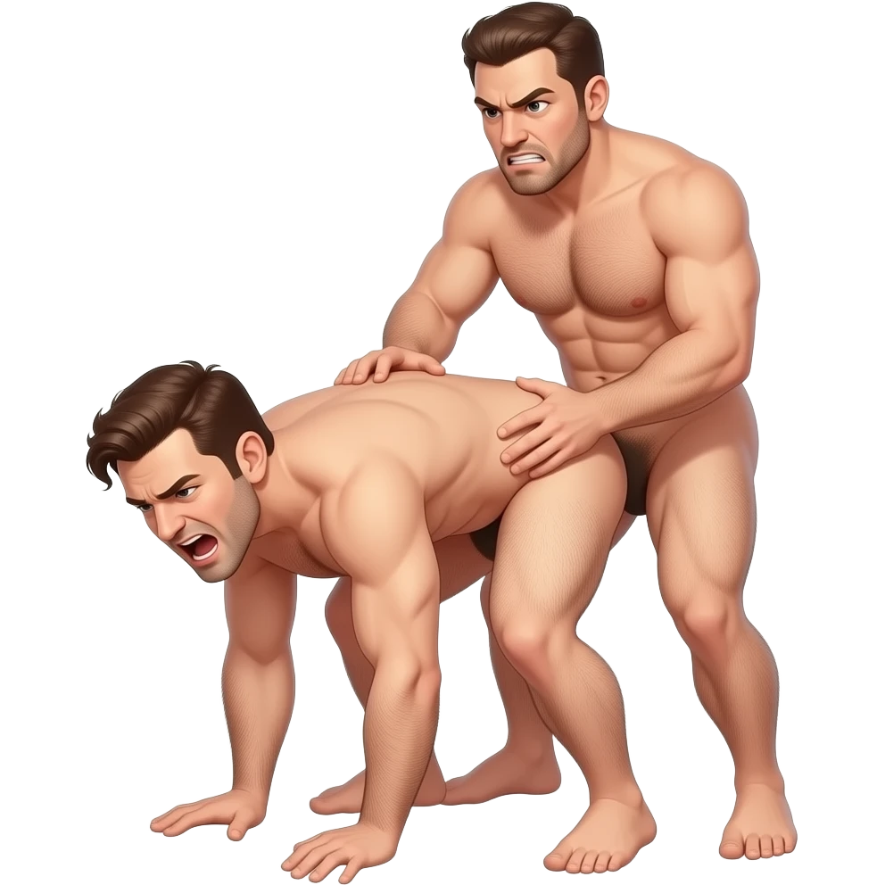 Naked hairy moaning man bending over, a stronger naked hairy angry man standing behind him hitting and fucking him emoji