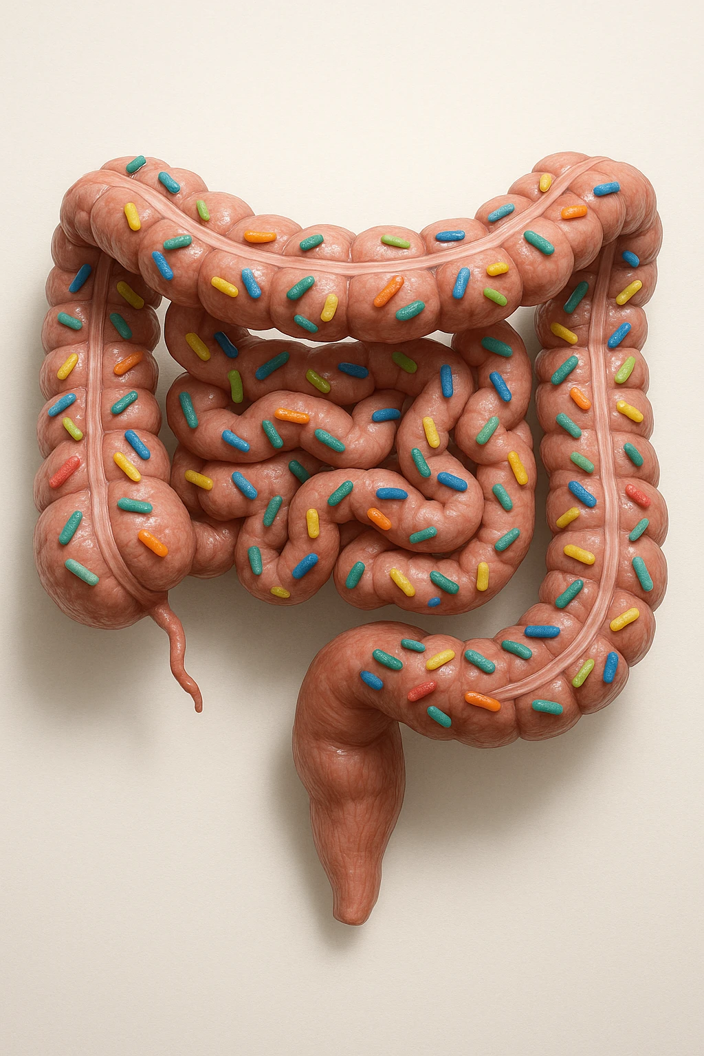 intestino umano anatomico in salute con batteri intestinali, sfondo chiaro neutro, IPERREALISTICA 4K emoji