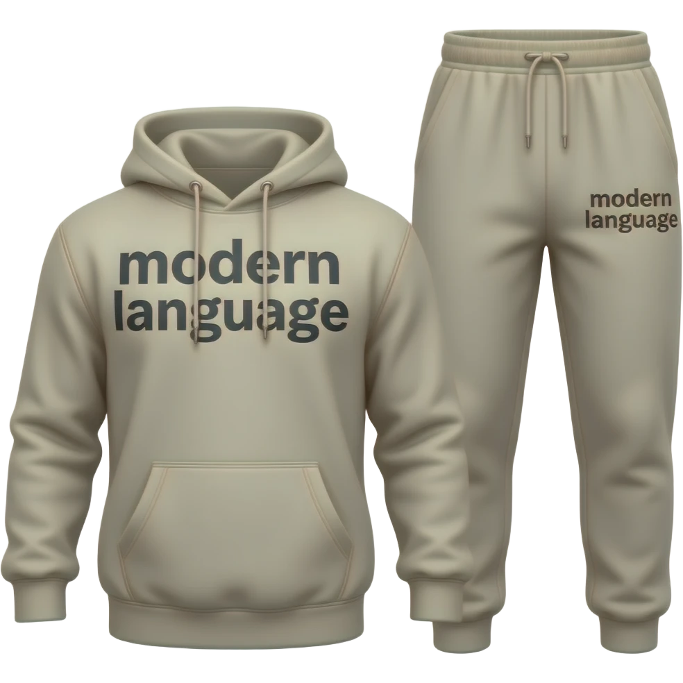 hoodies say modern language and left hand corner sweatpants says modern language emoji