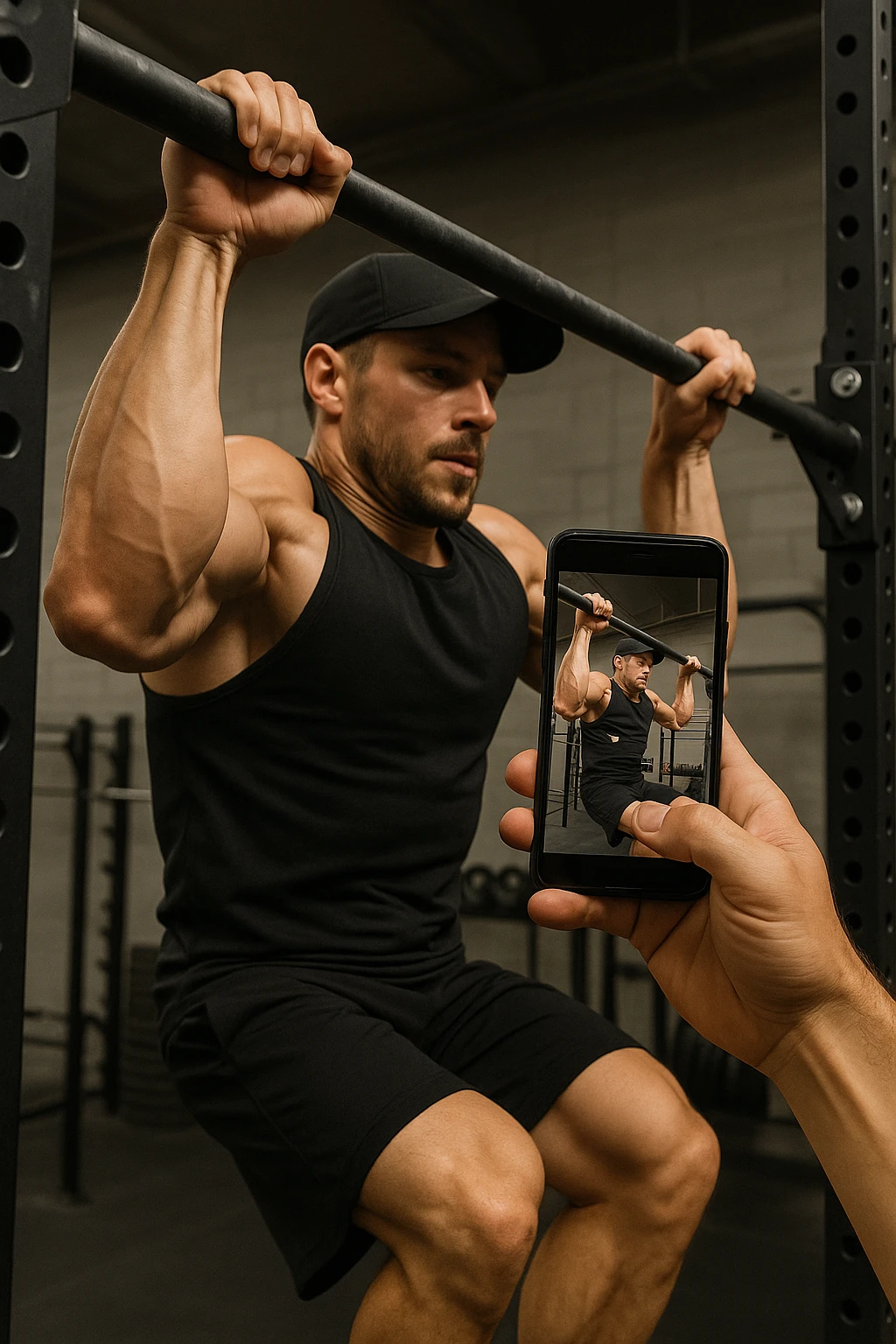 uomo che fa Muscle up e si sta filmando davanti con il telefonino per vedere la sua posizione dei gomiti e delle mani sulla sbarra emoji