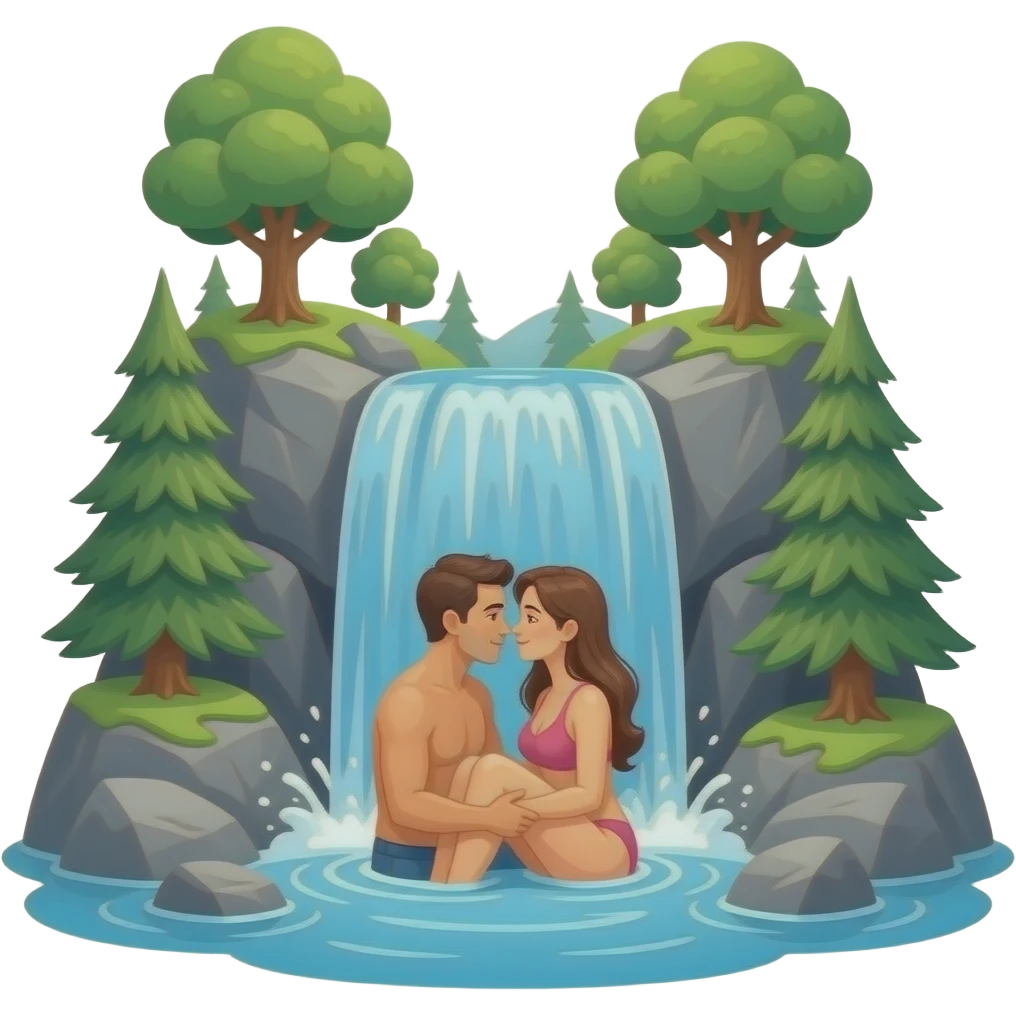 Waterfall with rocks and trees and a couple having sex underneath emoji